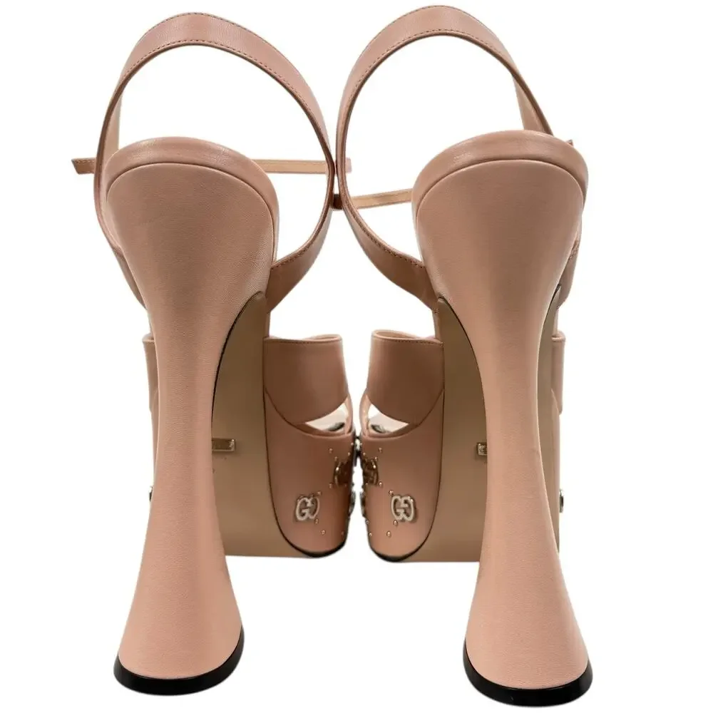 New Gucci Interlocking GG Studded Platfrom Sandals Leather Pink Size 42